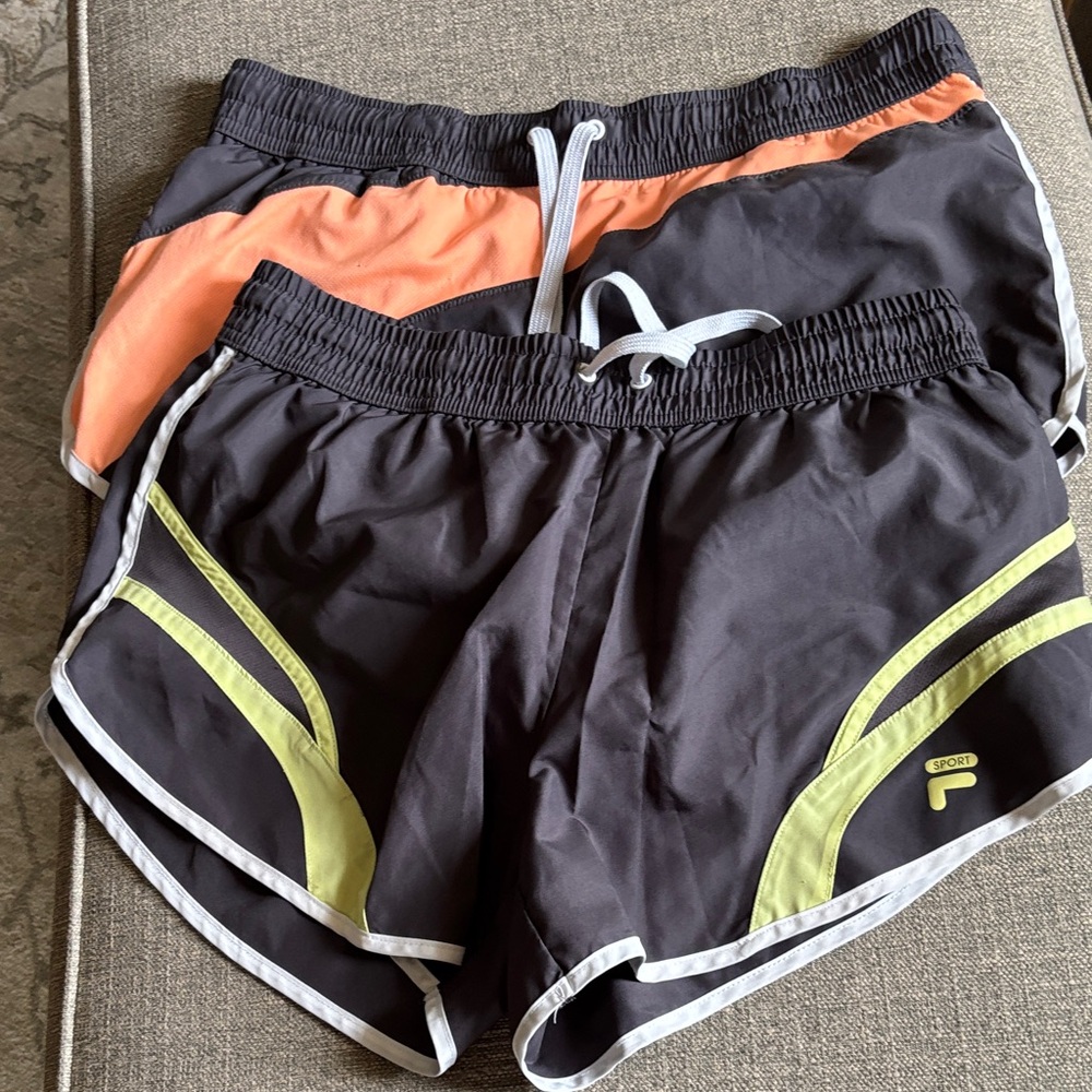 2 pair Fila Black Shorts with Orange and Yellow Accents. Sz M